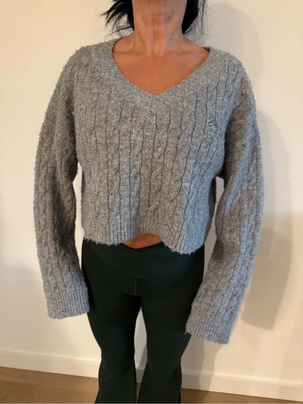 BDG Light Gray Cable Knit V-Neck Cropped Sweater